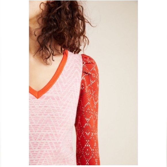 Anthropologie Cherie Puff Sleeve Sweater Medium Red pink cozy v-neck soft boho - Picture 5 of 14
